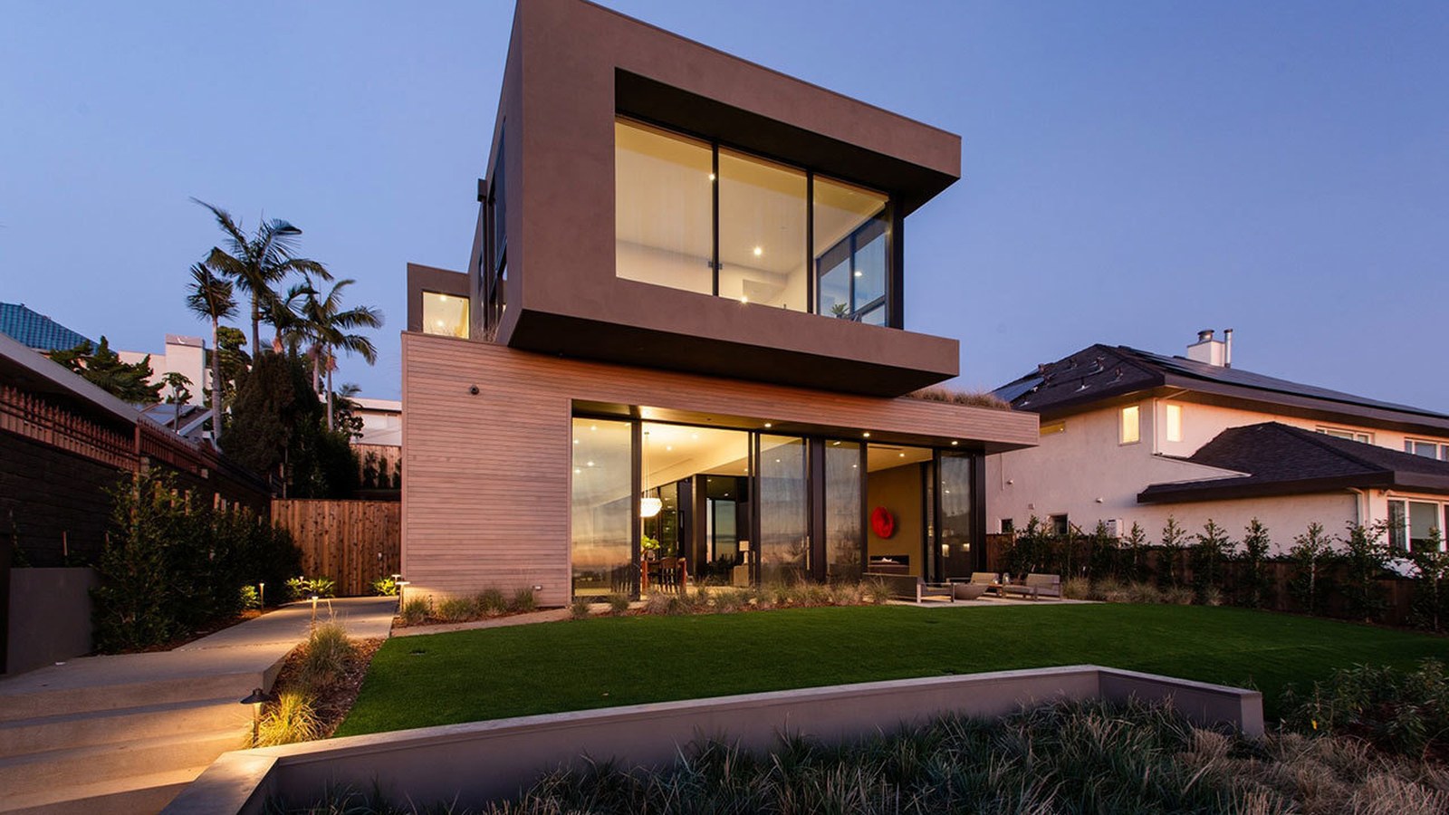 Modern Newport Beach luxury home at dusk